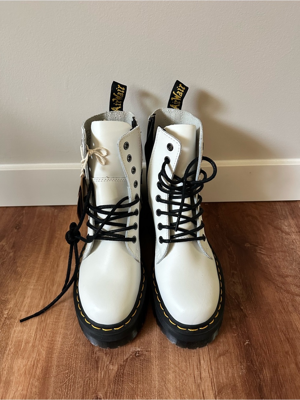 Dr. Martens White Leather Platform Lace-Up Boots with Black Sole - Picture 2 of 7